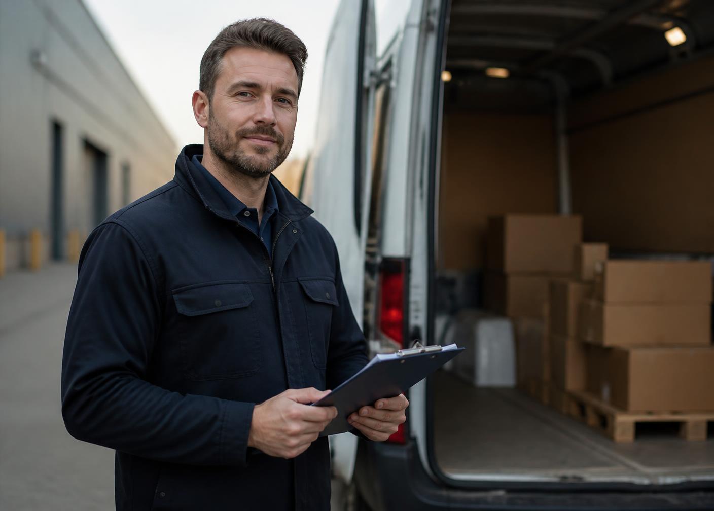 Ansprechpartner von LiG-Logistik bei der Auftragsabstimmung an einem beladenen Transporter